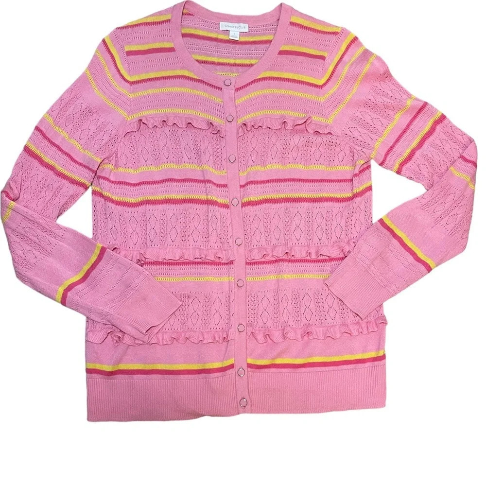 Charter Club Striped Knit Cardigan Pink Size L